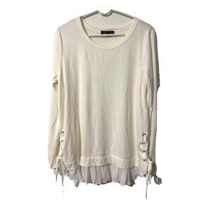 Karen Kane Ivory Pullover Knit Blouse with Bottom Ruffle, Side Ties Size XL
